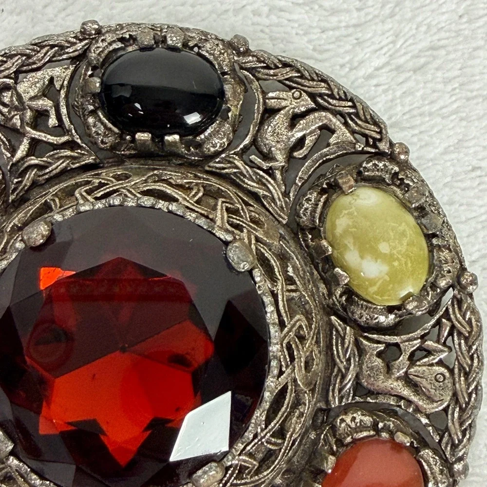 Miracle Vintage‎ Celtic Brooch Red Glass Multi Stone Silver Tone Scottish Pin